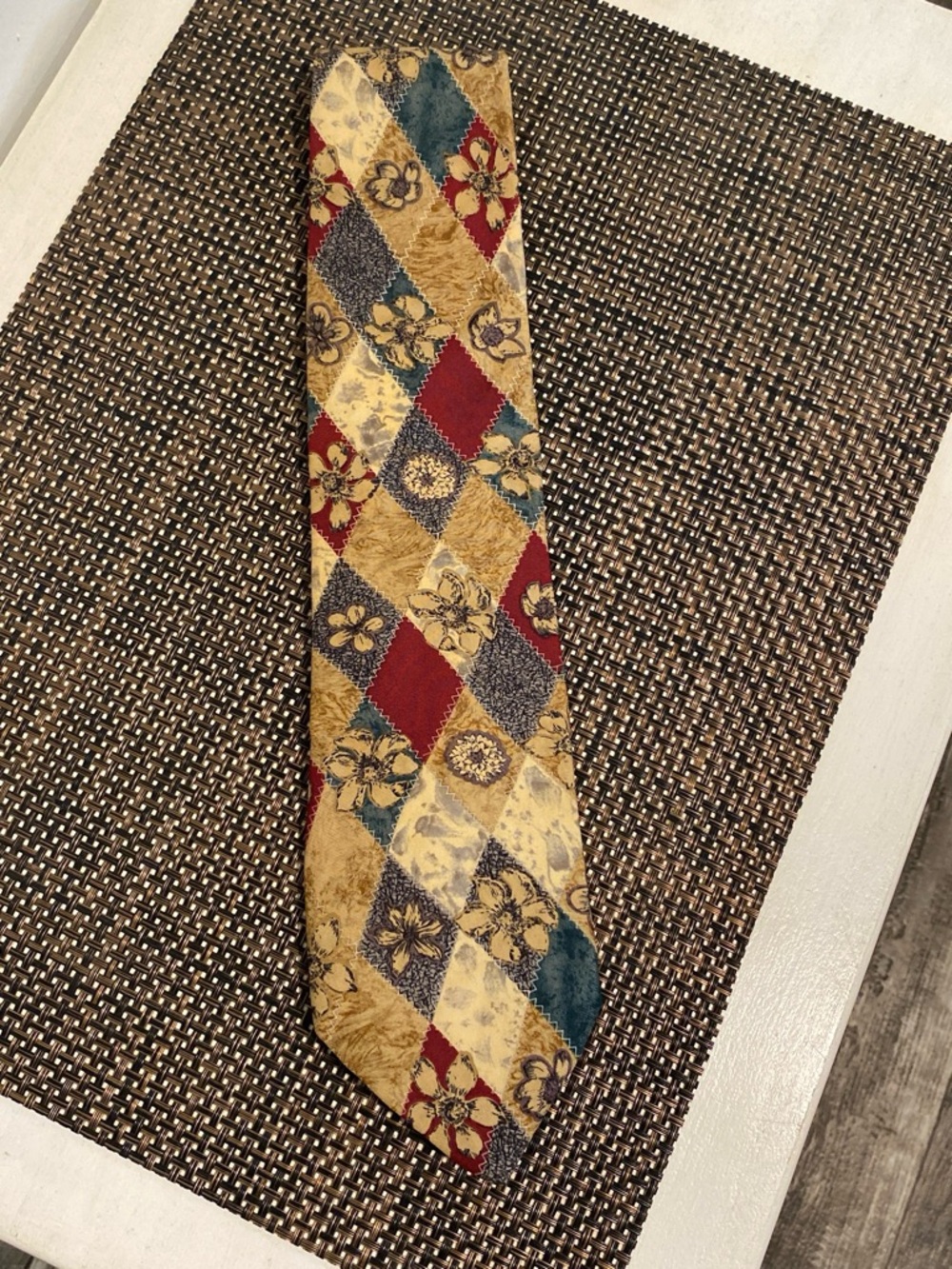 Vintage Sutter & Grant Silk Patterned Diamond-Print Tie in Gold, Red and Teal